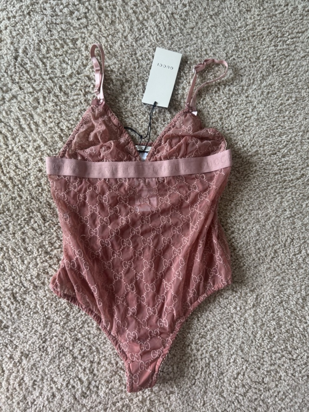 Luxury designer Blush Pink GG Lace Bodysuit
